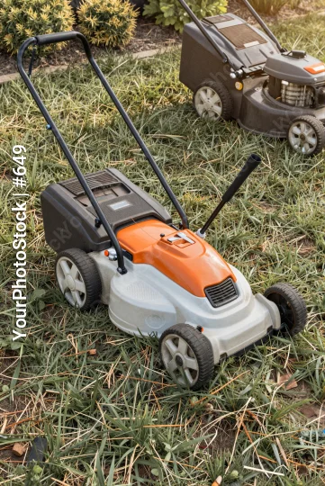 Two Lawn Mowers on Grassy Lawn self-propelled