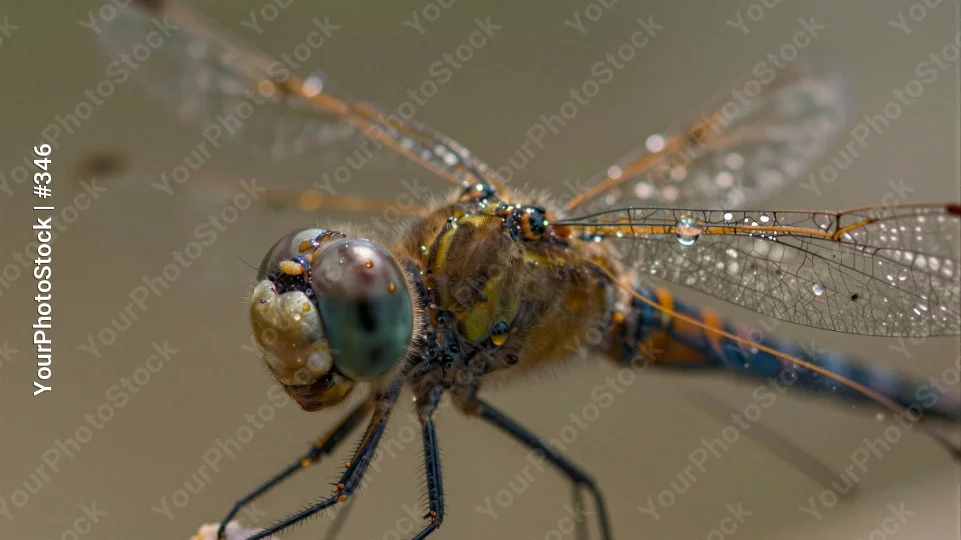 Close-up Dragonfly Head and Abdomen with Water Drops