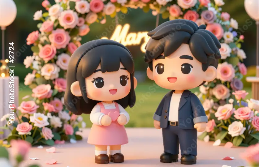 3d render Couple at a wedding celebration with colorful flowers in the background