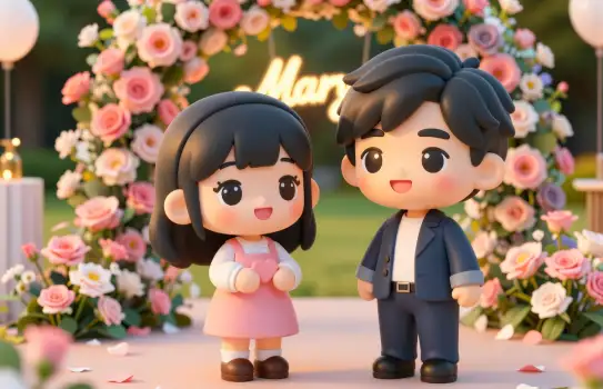 3d render Couple at a wedding celebration with colorful flowers in the background
