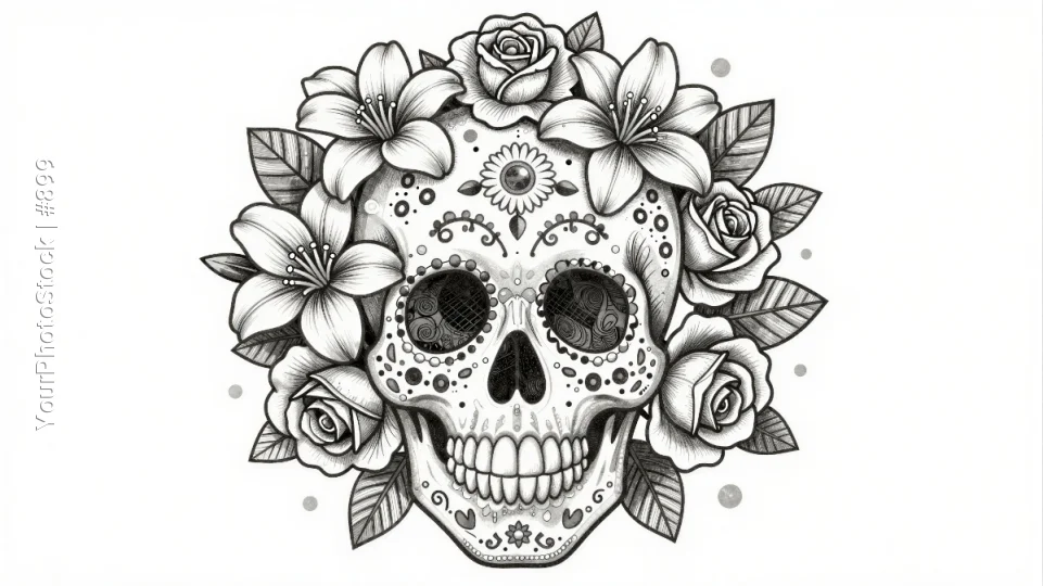 Sugar Skull with Flower Wreath in Black and White