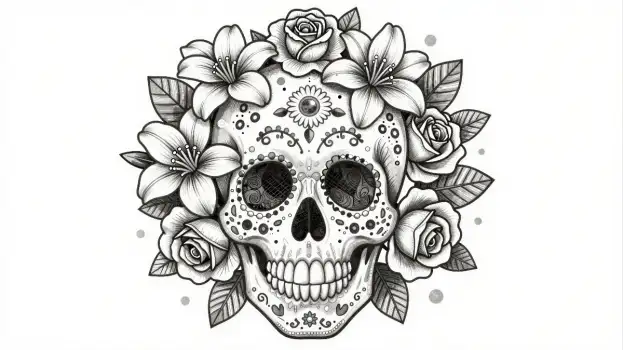 Sugar Skull with Flower Wreath in Black and White