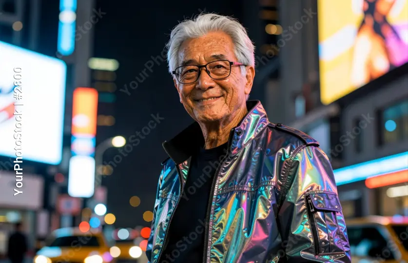 Elderly Asian Man in Colorful Jacket at Night cyberpunk
