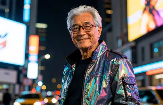 Elderly Asian Man in Colorful Jacket at Night cyberpunk