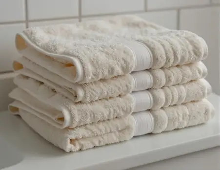 Stacked White Towels on Countertop folded bathroom hotel