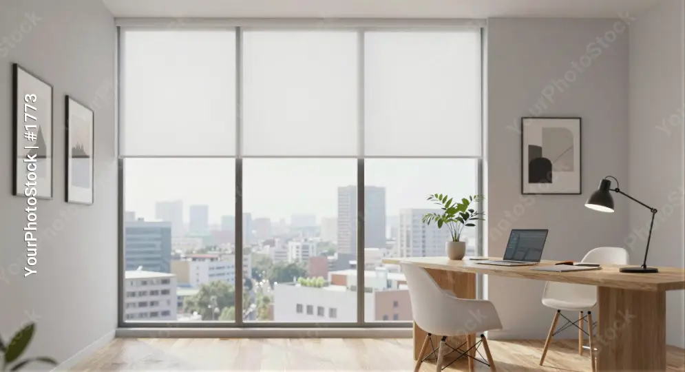 Modern Home Office with Panoramic City View panoramic view