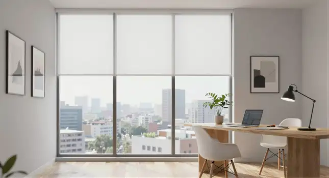 Modern Home Office with Panoramic City View panoramic view