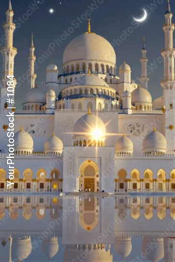 Beautiful White Mosque with Minarets and Domes Reflecting in Water at