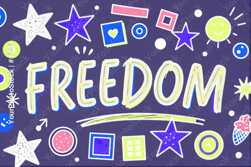 freedom cursive text with doodles illustrations