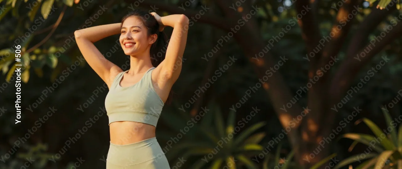 Happy young woman in garden smiling with raised arms asian woman