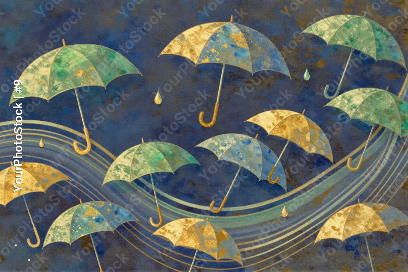 Colorful Rain Umbrellas in a 2D Illustration