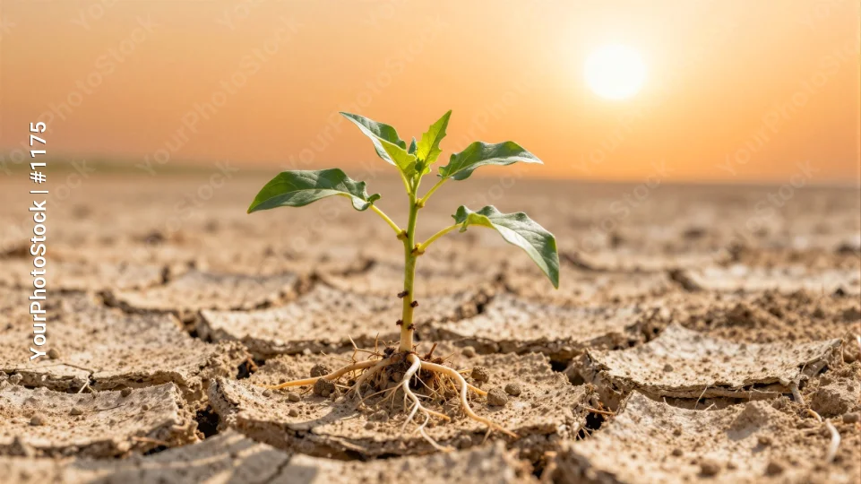 Dry Ground with Growing Plant at Sunset survival