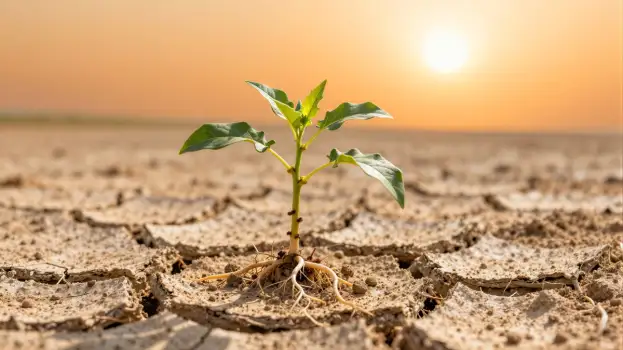 Dry Ground with Growing Plant at Sunset survival