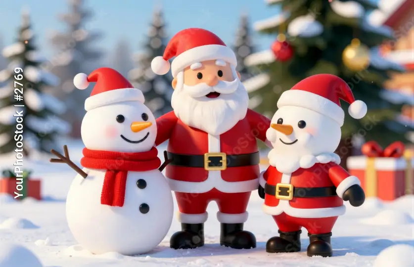 Santa Claus and Snowman with Toys in Christmas Setting