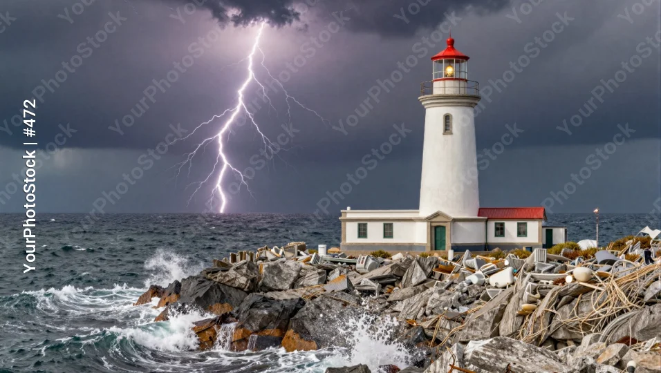 Stormy Sky Lighthouse on Rocky Shore lightning strike