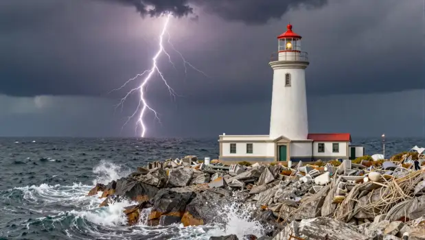 Stormy Sky Lighthouse on Rocky Shore lightning strike