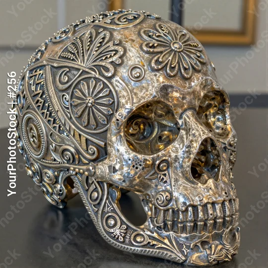 Metallic Intricate Human Skull with Eye Detail
