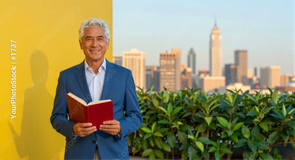 Man on Rooftop Smiling at Camera with City Skyline