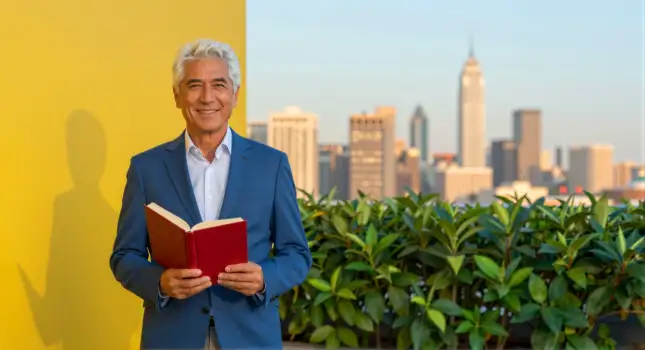 Man on Rooftop Smiling at Camera with City Skyline