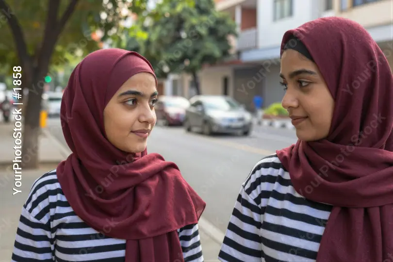 Two young women conversing on a busy street conversation
