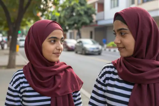 Two young women conversing on a busy street conversation
