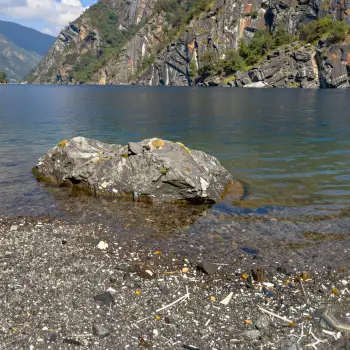 Rocky Lake Shore with Trash and Mountains pebbles