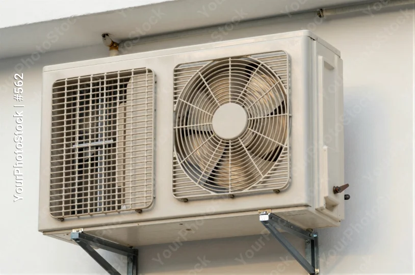 Outdoor Air Conditioning Unit Mounted on White Wall