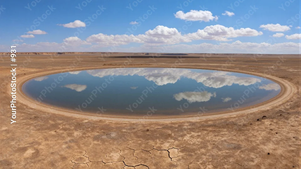 Vast Desert Landscape with Circular Lake dry cracked soil