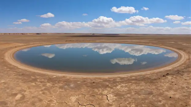 Vast Desert Landscape with Circular Lake dry cracked soil