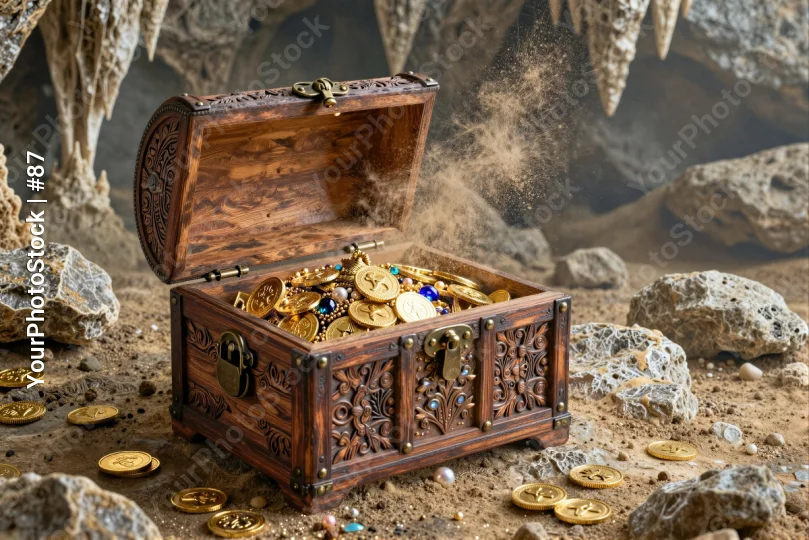 Mysterious Open Wooden Chest with Gold Coins on Rocky Ground