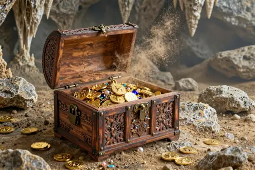 Mysterious Open Wooden Chest with Gold Coins on Rocky Ground