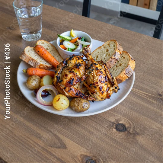 White round plate with roasted chicken and vegetables on wooden table