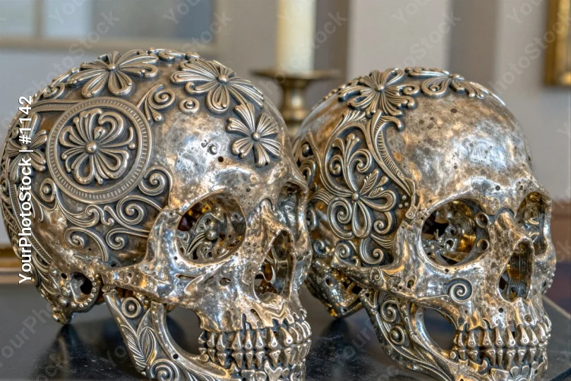 Two Intricately Designed Metal Skulls on Black Surface
