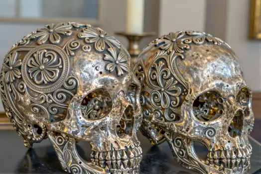 Two Intricately Designed Metal Skulls on Black Surface