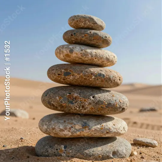 Desert Rock Stack Pyramid pebbles sand dunes blue sky