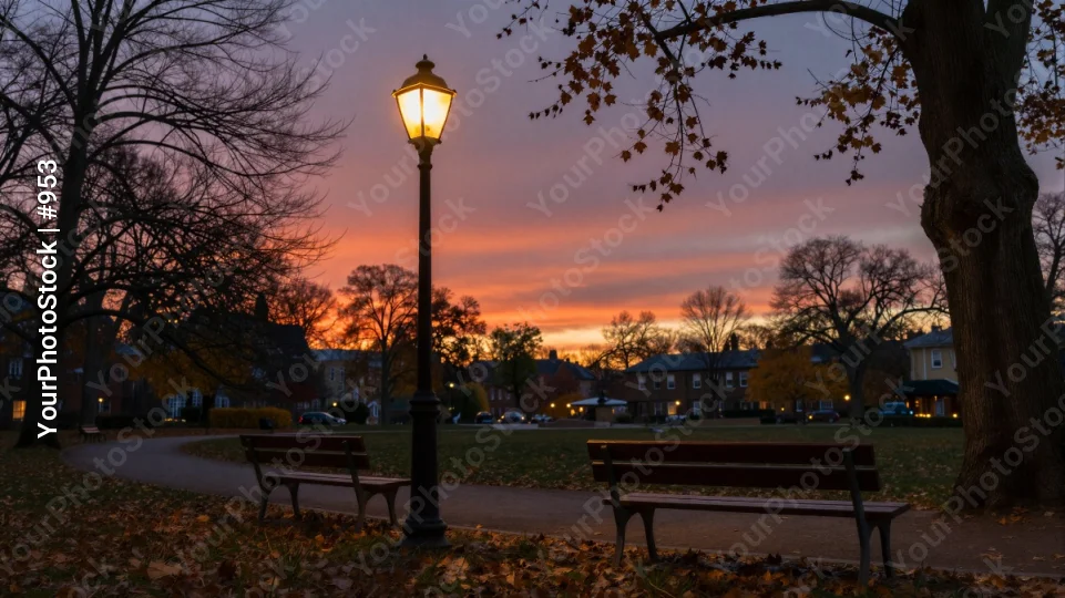 Sunset Park Scene with Lamppost and Benches fallen leaves