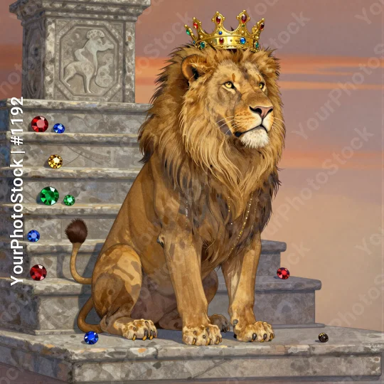 Regal Lion Sitting on Stone Staircase with Golden Crown