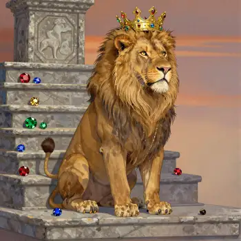 Regal Lion Sitting on Stone Staircase with Golden Crown