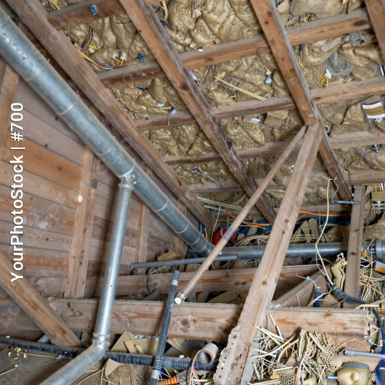 unfinished attic interior with wooden beams and insulation