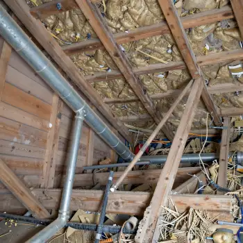 unfinished attic interior with wooden beams and insulation