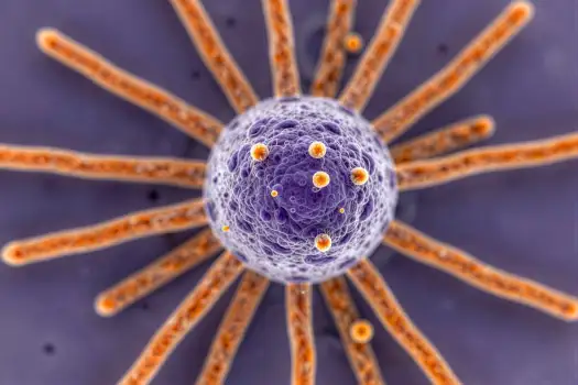 Microscopic Cell with Purple Nucleus and Orange Tentacles