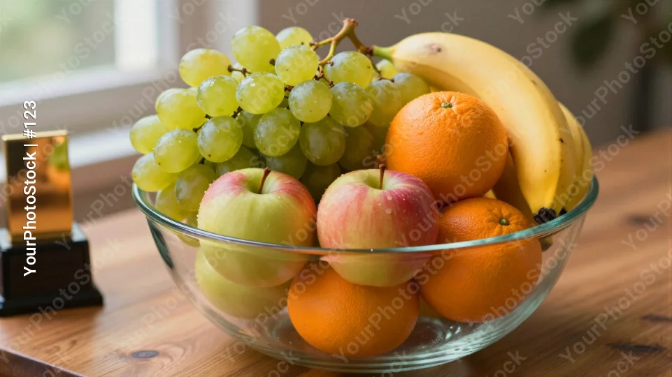 Fresh Fruits Bowl on Wooden Table glass variety