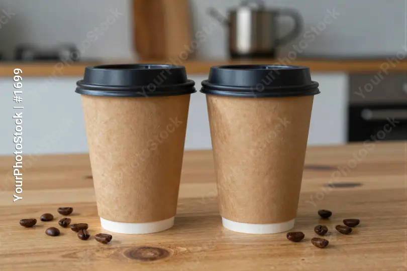 Coffee Cups on Wooden Countertop paper cups black lid