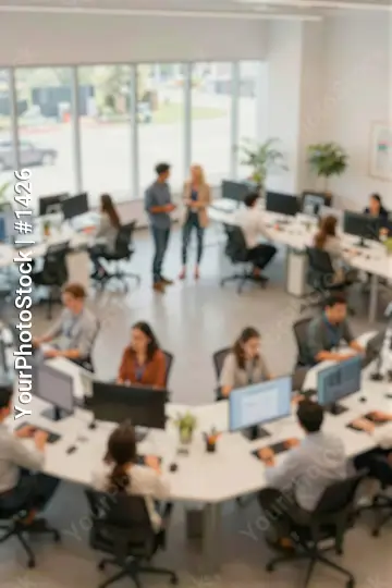 Blurred Modern Open-Plan Office with People Working desks