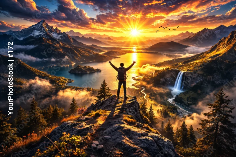 Person Standing on Mountain Top Overlooking Landscape