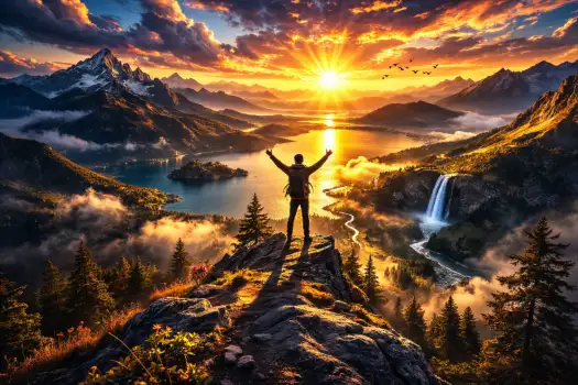 Person Standing on Mountain Top Overlooking Landscape