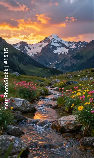 Mountain Range at Sunset with Snow-Capped Peaks
