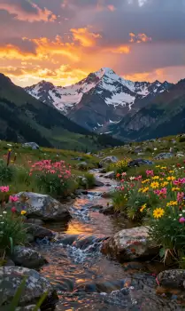 Mountain Range at Sunset with Snow-Capped Peaks