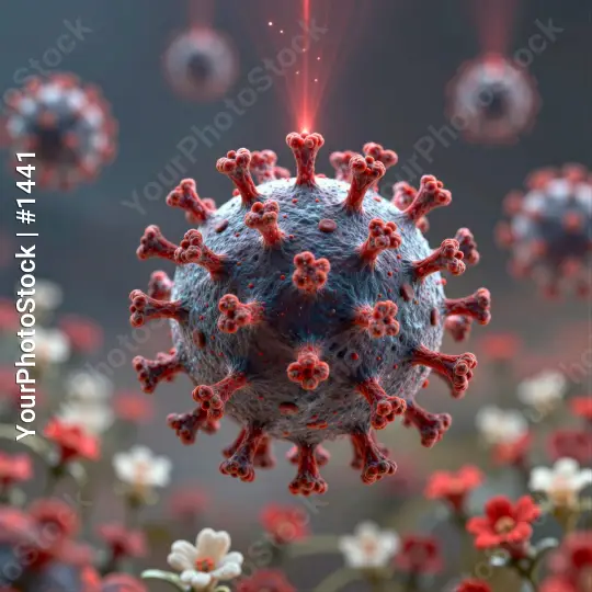 3D rendering of coronavirus with spikes under red laser beam