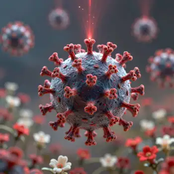 3D rendering of coronavirus with spikes under red laser beam